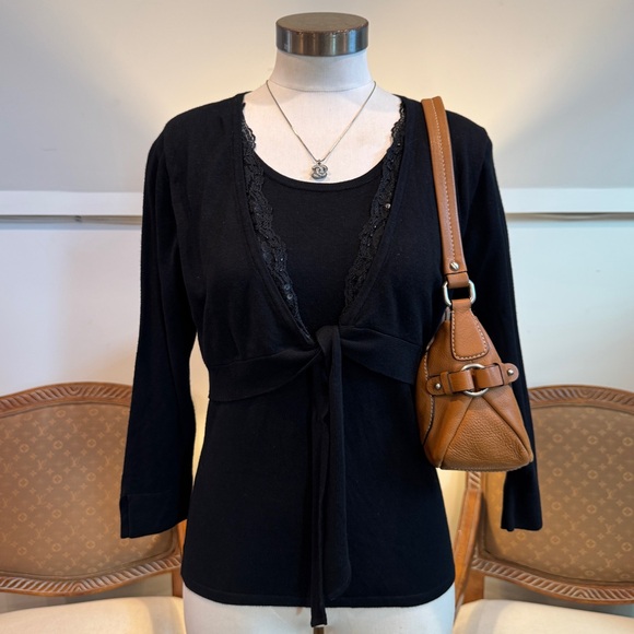 Vintage Tops - Vintage 90s Y2K Black Knit Long Sleeve Top with Tie Detail and Sequins